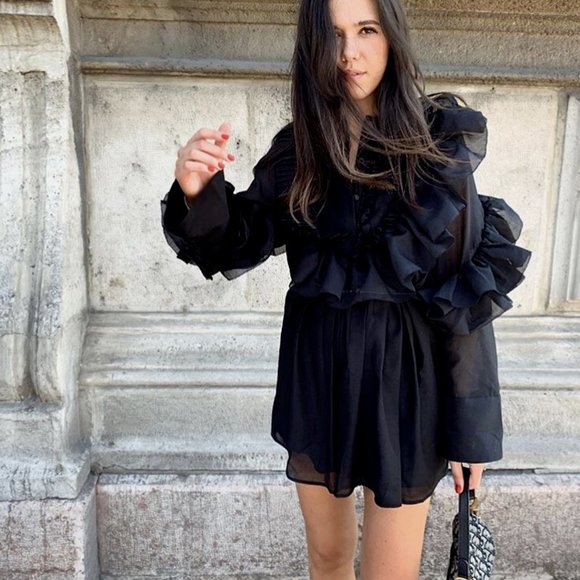 H&M STUDIO COLLECTION FLOUNCE RUFFLE WAVE  MINI COCKTAIL LITTLE BLACK DRESS - Picture 5 of 15